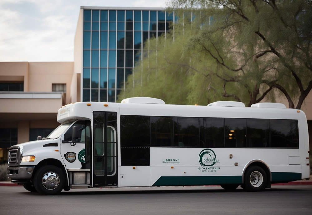 A charter bus parked outside a modern Las Vegas office building, with the company logo displayed prominently on the side