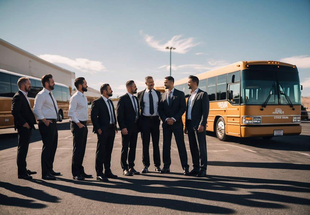 A group of professionals stands in front of a fleet of charter buses, discussing and comparing the options for their corporate transportation needs in Las Vegas