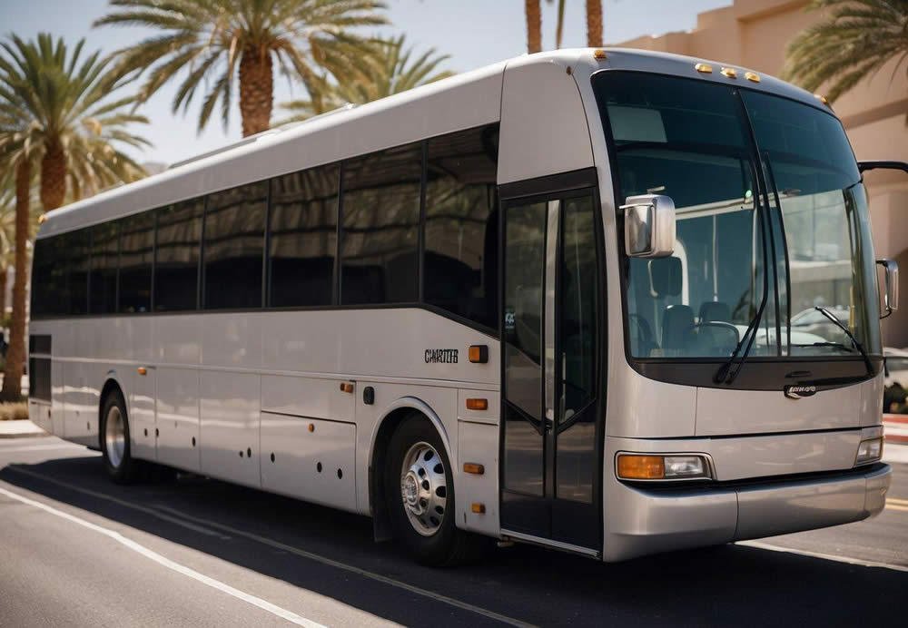 A charter bus parked outside a corporate building in Las Vegas, with a group of professionals boarding and a driver assisting with luggage