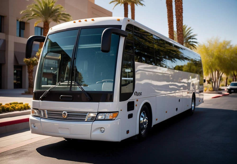 A charter bus pulls up to a sleek corporate building in Las Vegas. Business professionals board the bus, while a driver assists with luggage. The bus is clean and spacious, with comfortable seating and modern amenities