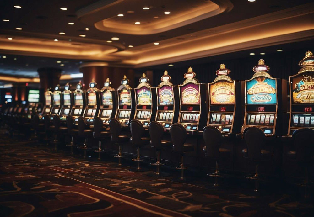 A bustling casino floor with slot machines, card tables, and a vibrant atmosphere filled with excitement and anticipation. The sounds of clinking coins and cheers of winners fill the air