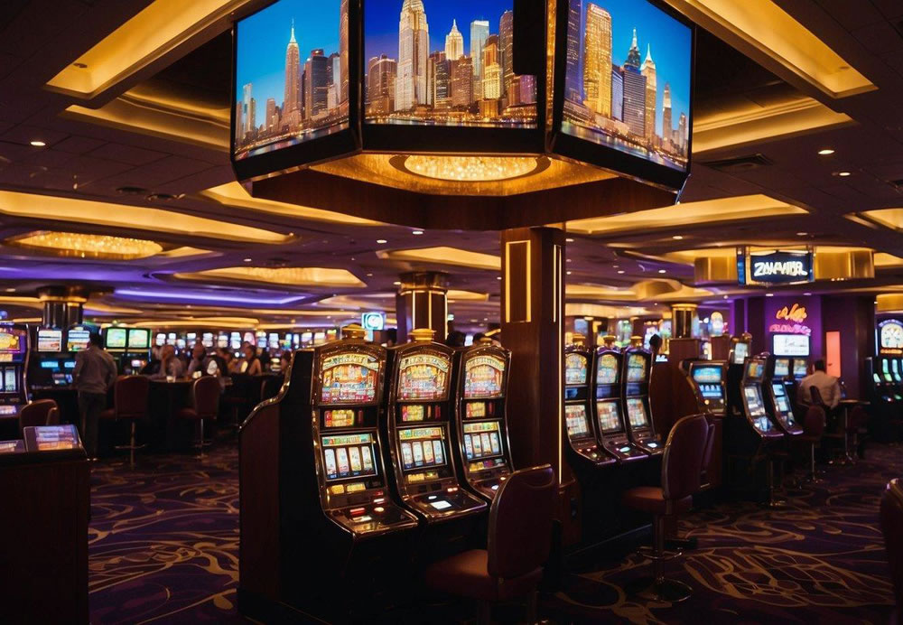 Bright lights and colorful signs illuminate the bustling casino floor, with slot machines and card tables filling the space. The iconic skyline of New York-New York looms in the background, adding to the vibrant atmosphere