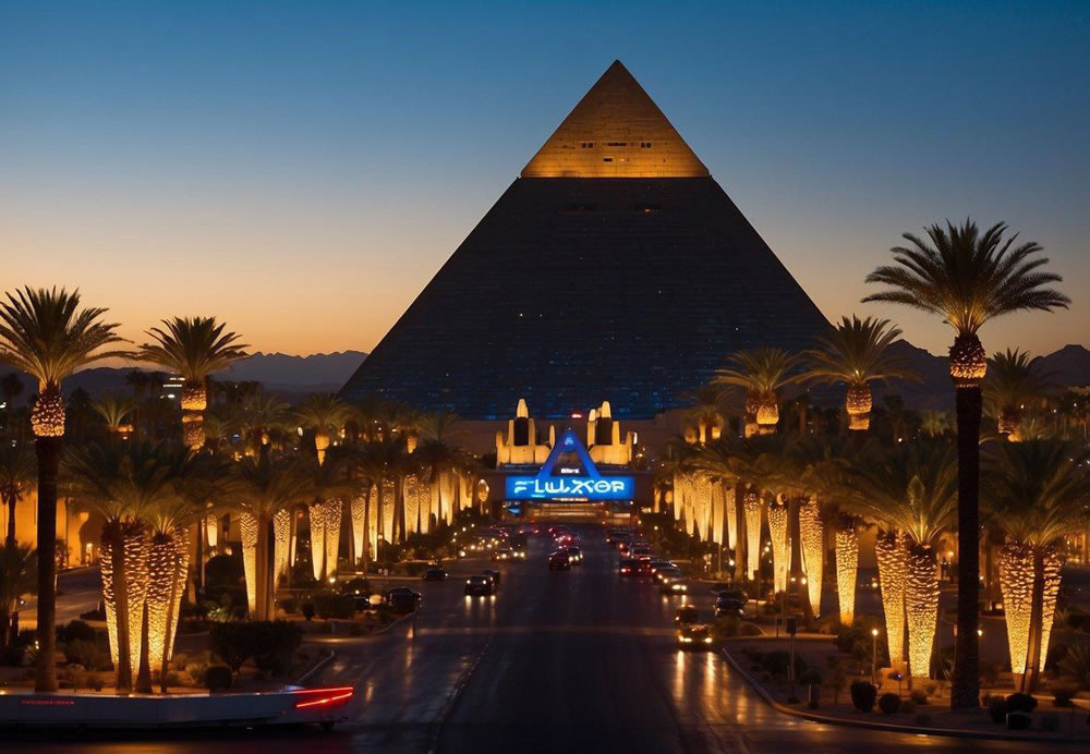 The Luxor Hotel & Casino glows in the evening, with its iconic pyramid shape and bright lights drawing in visitors from all over Las Vegas