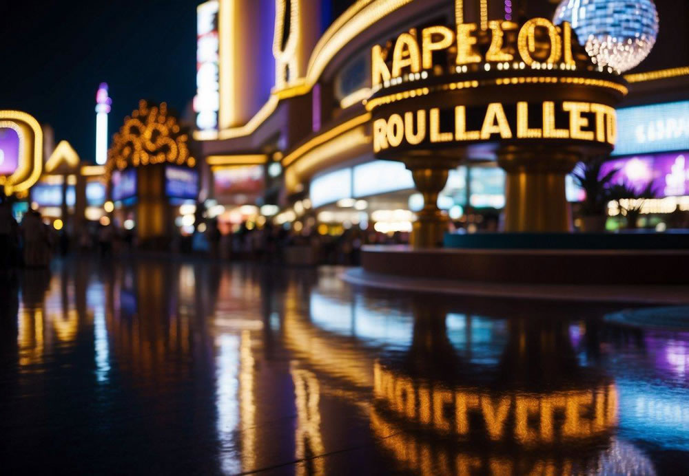 Bright lights illuminate iconic casino signs on the Las Vegas strip. Colorful fountains dance to music outside opulent resorts, while crowds gather around bustling roulette tables and slot machines