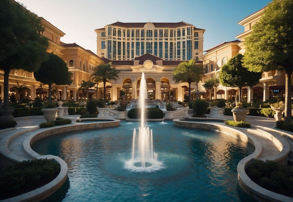 The Bellagio Hotel & Casino in Las Vegas features a grand entrance with a stunning display of fountains and lights, surrounded by lush greenery and elegant architecture