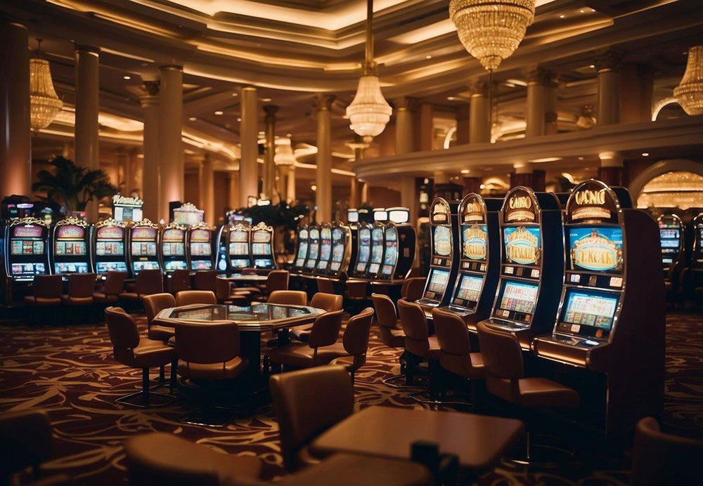 The bustling casino floor at Caesars Palace, with slot machines flashing and card tables buzzing, surrounded by opulent Roman-inspired decor