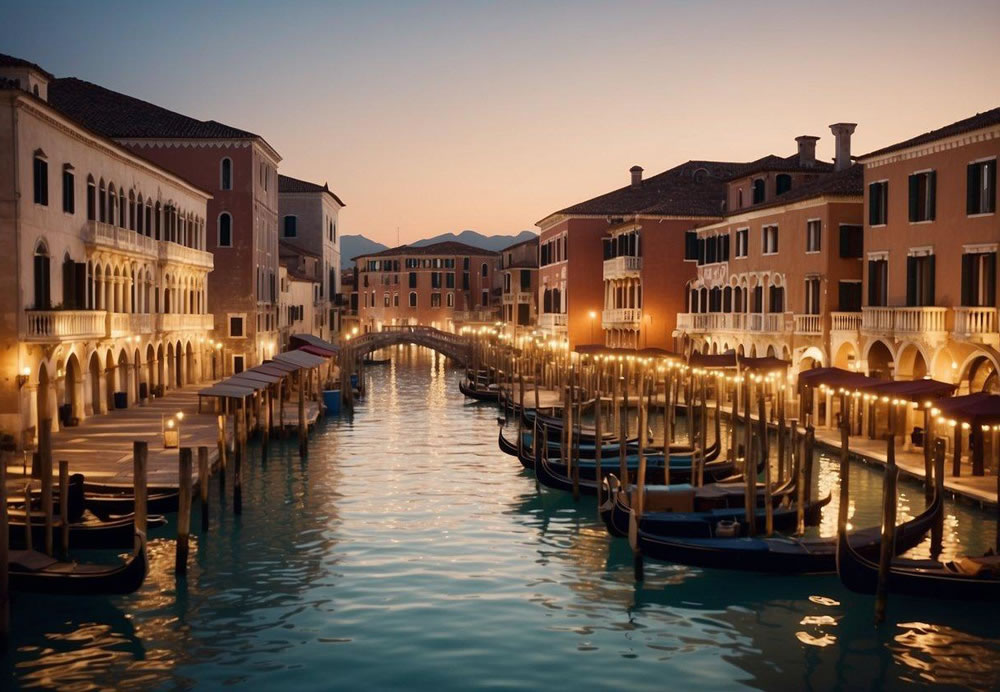 A grand Venetian resort with gondolas floating on a serene canal, surrounded by opulent casino buildings with vibrant lights and bustling crowds