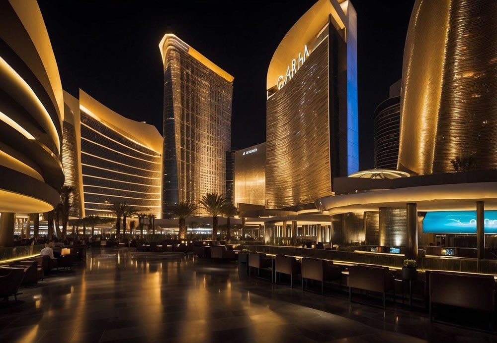 The ARIA Resort & Casino in Las Vegas glows with vibrant lights and modern architecture, surrounded by bustling crowds and the sounds of slot machines