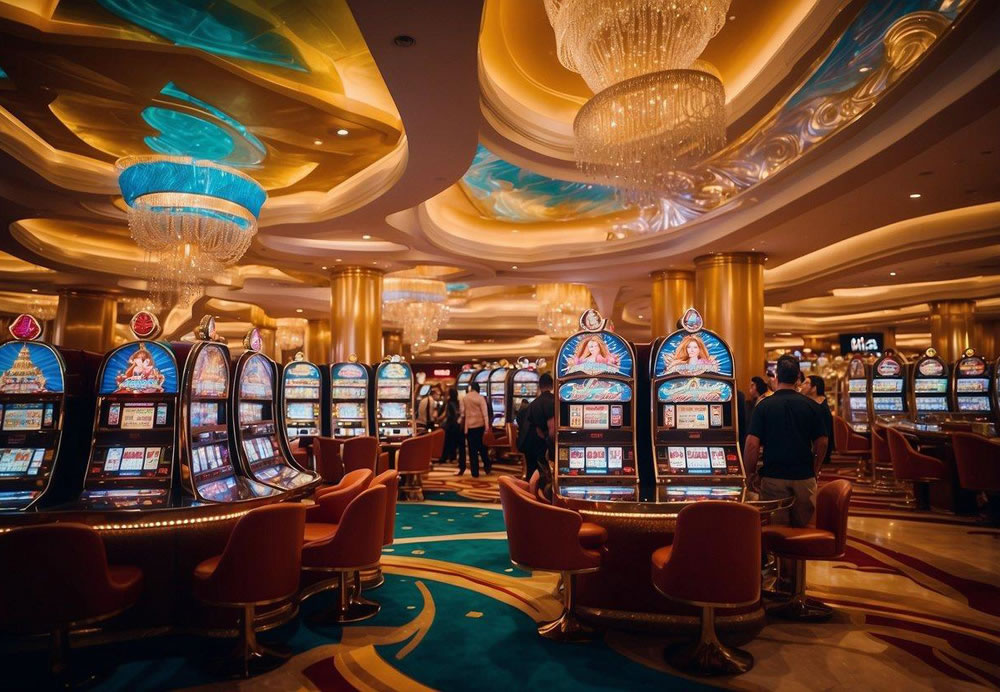 The iconic Wynn Las Vegas casino, with its grand entrance and opulent interior, is bustling with activity as guests try their luck at the slot machines and gaming tables. The vibrant colors and luxurious decor create a lively and exciting atmosphere