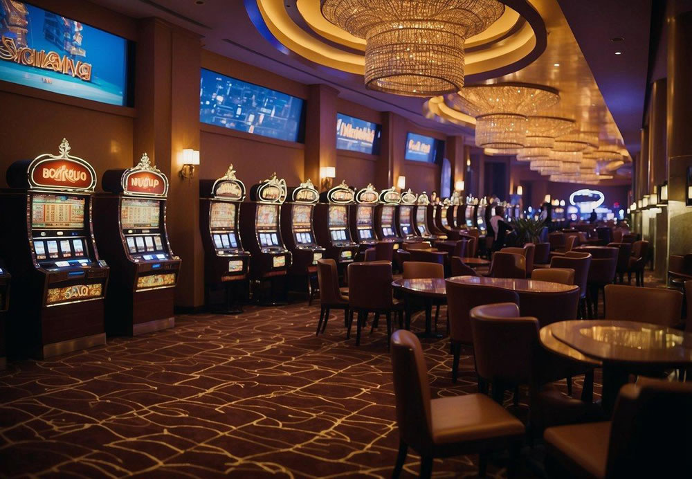 A bustling casino floor at Mandalay Bay with slot machines, card tables, and flashing lights. Patrons enjoy drinks and games in the lively atmosphere