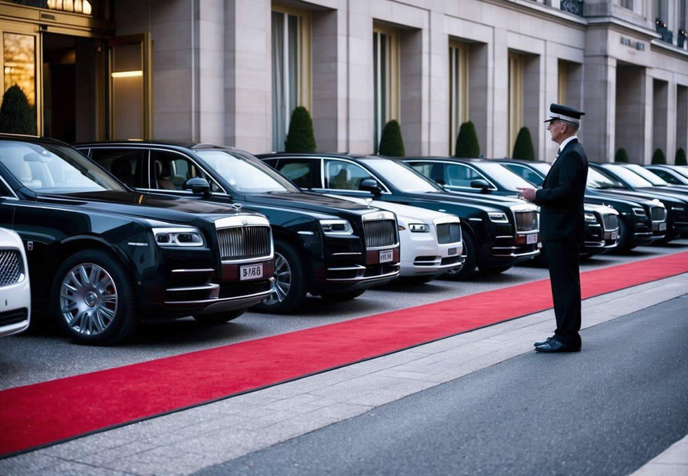 Luxury vehicles lined up outside a grand hotel, with a red carpet leading to the entrance. A chauffeur stands by, ready to open the car doors for arriving corporate guests