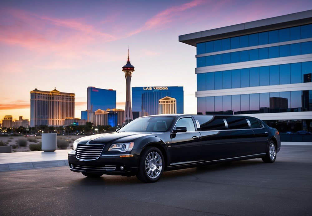 A sleek limousine waiting outside a modern office building, with the Las Vegas skyline in the background