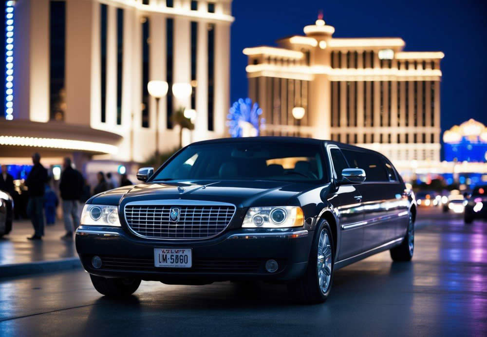 A luxurious limousine waits outside a sleek Las Vegas hotel, surrounded by bright lights and bustling activity