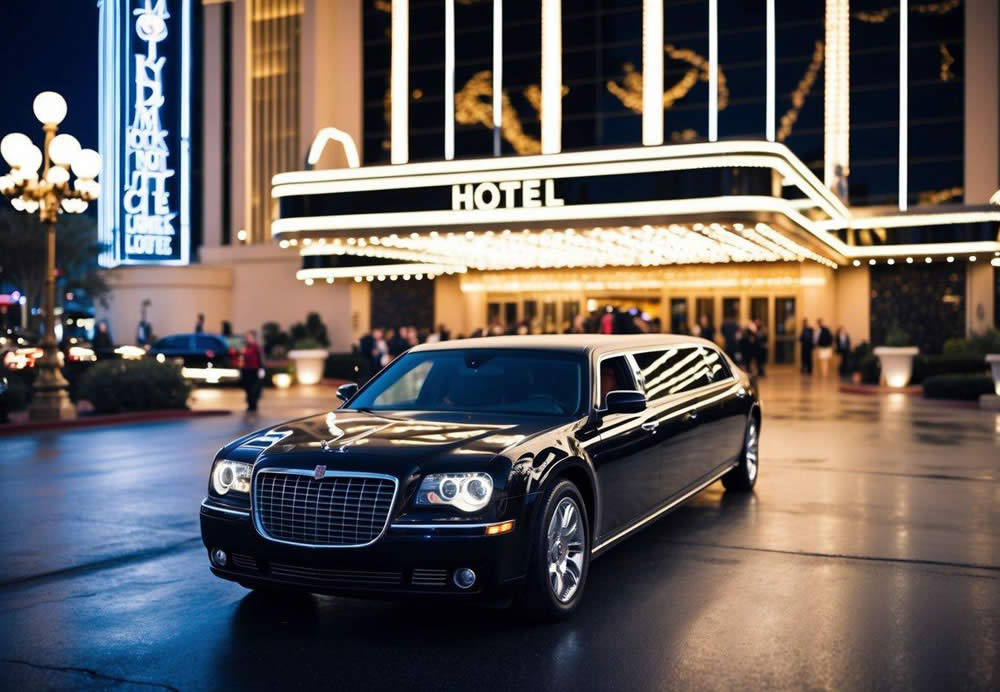 A sleek black limousine pulls up to a grand hotel entrance in Las Vegas, surrounded by bright lights and bustling activity