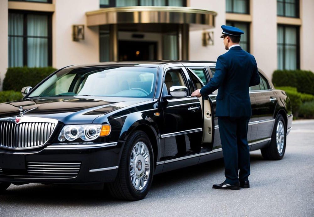 A sleek limousine waiting outside a luxurious hotel, with a chauffeur holding the door open for a well-dressed passenger