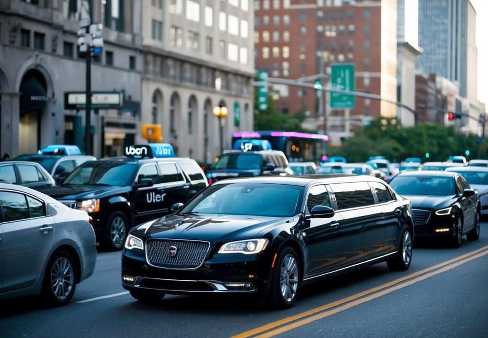 A sleek limousine passing by a crowded city street, with Uber and Lyft cars stuck in traffic behind it