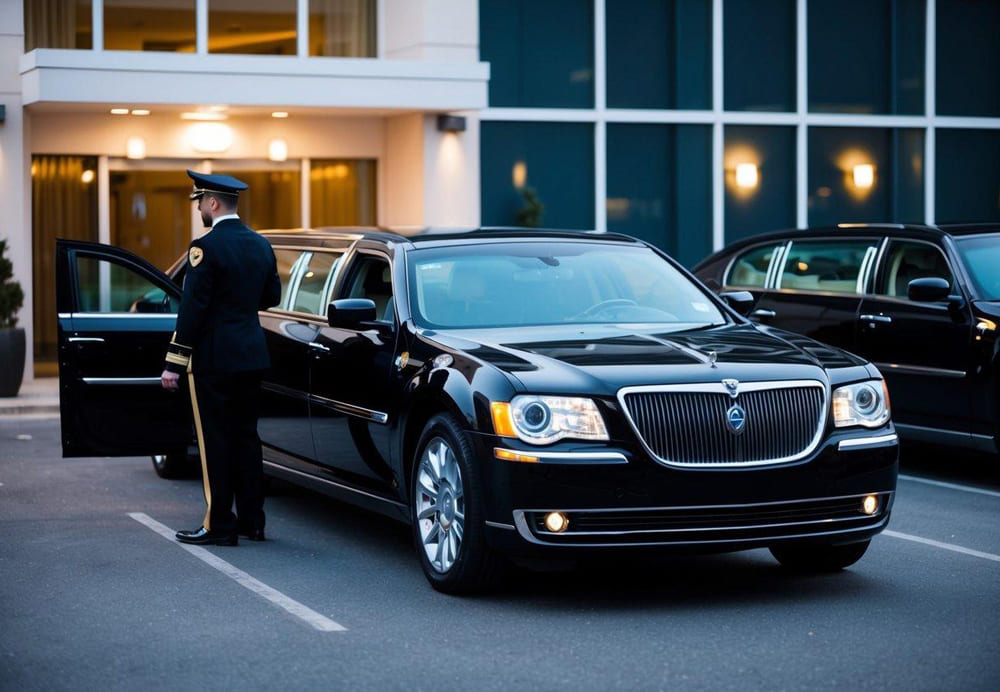 A sleek limousine parked outside a well-lit hotel, with a uniformed driver opening the door for a passenger