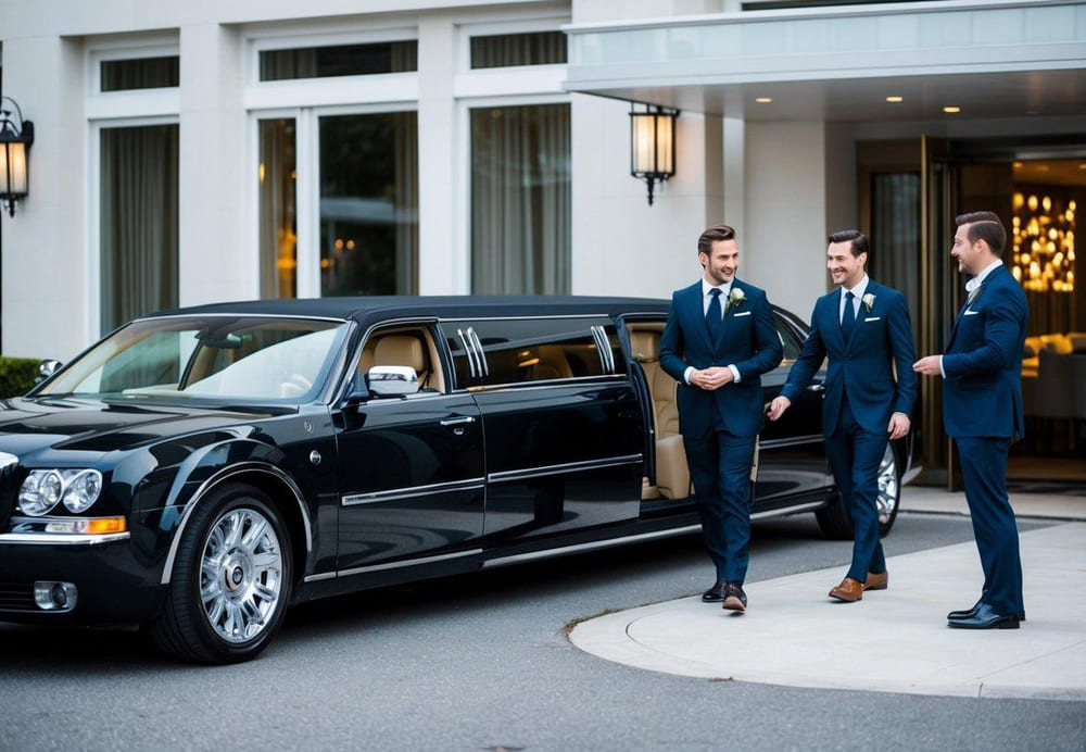 A sleek limousine waits outside a luxury hotel, while a stylish couple approaches, eager to step inside. A chauffeur stands by, ready to open the door and whisk them away in comfort and style