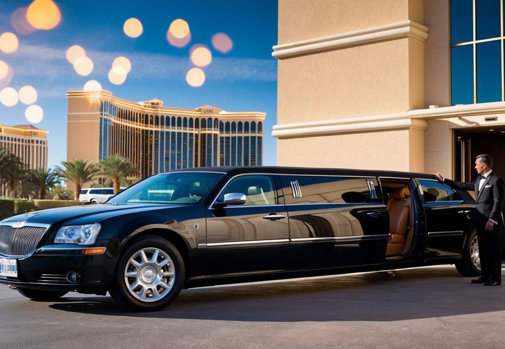 A sleek limousine parked outside a Las Vegas hotel, with a doorman opening the door for a group of elegantly dressed passengers