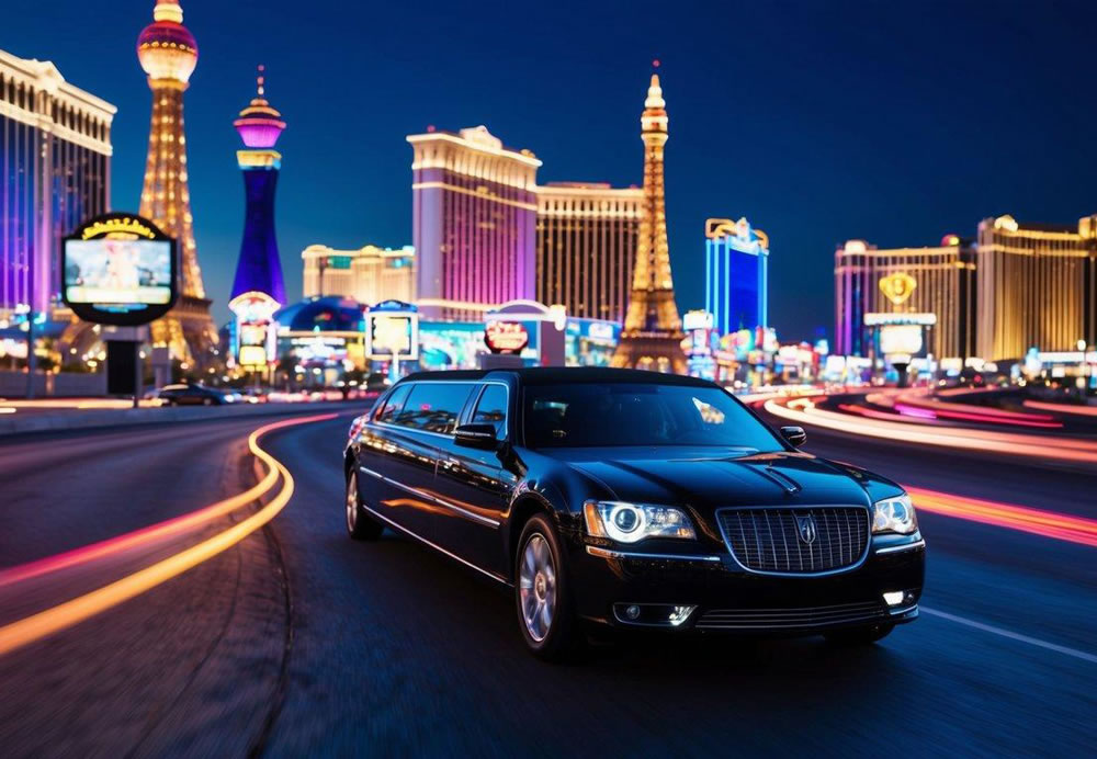 A sleek limo cruises down the neon-lit Las Vegas Strip, passing by towering casinos and bustling nightclubs. The city's vibrant nightlife comes to life in the background