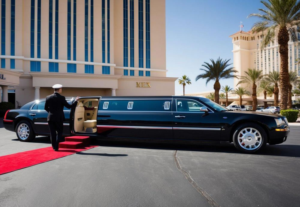 A limousine parked outside a Las Vegas hotel, with a red carpet leading to the open door. A chauffeur stands nearby, holding the door open