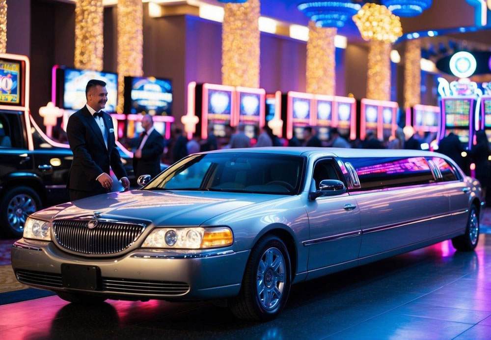 A stretch limousine pulls up to a bustling Las Vegas casino, with a valet standing by to open the door. The neon lights of the casino illuminate the scene, while the sound of slot machines and chatter fills the air