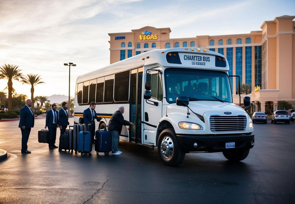 A charter bus parked in front of a Las Vegas hotel with a driver loading luggage and passengers boarding. The iconic Vegas strip is visible in the background