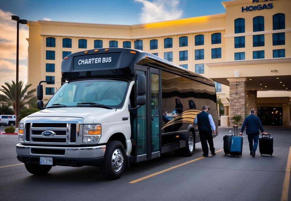 A charter bus parked outside a Las Vegas hotel, with a driver loading luggage and passengers boarding the bus