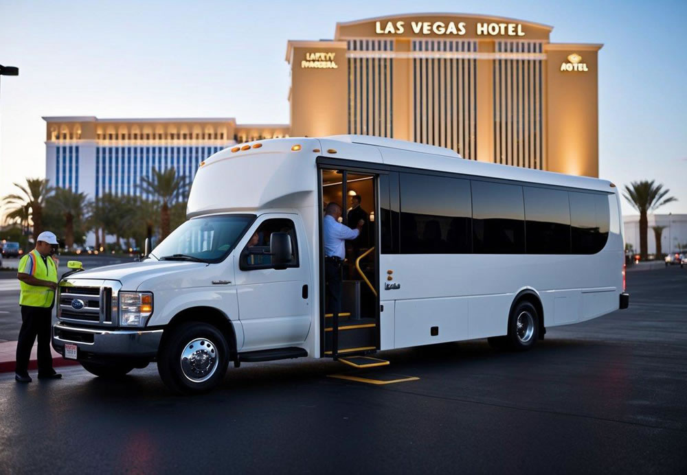 A charter bus parked in front of a Las Vegas hotel, with a driver loading luggage and passengers boarding, while a safety inspector checks the vehicle