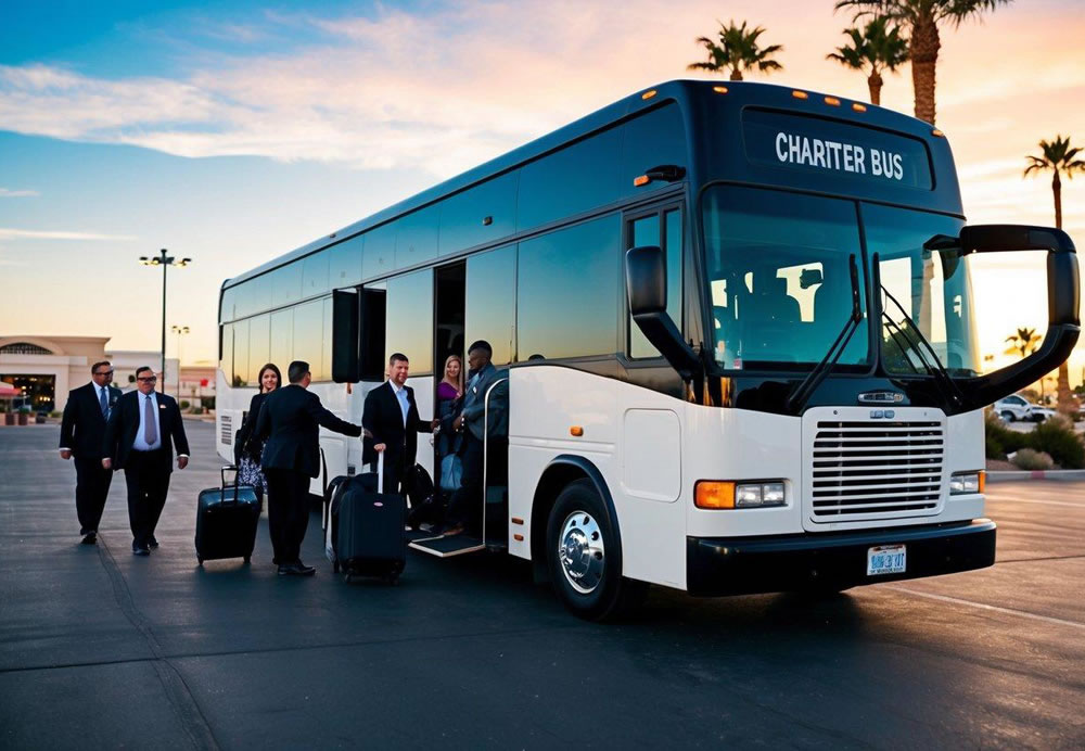 A charter bus parked outside a Las Vegas event venue, with a group of people boarding and a driver loading luggage into the storage compartments