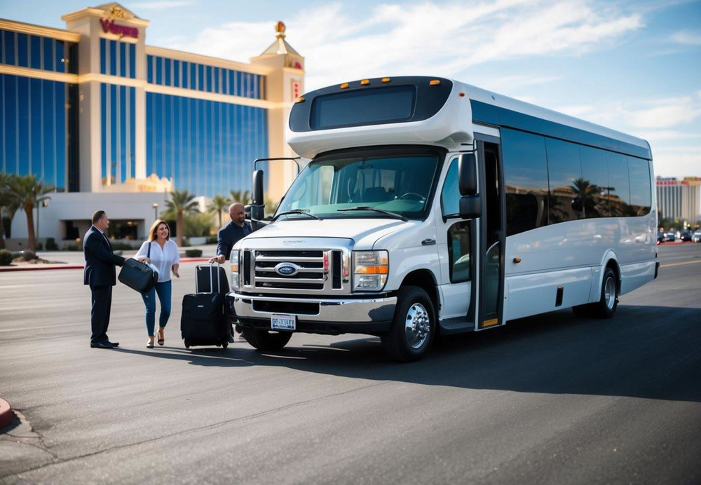 A charter bus parked in front of a Las Vegas hotel with a driver loading luggage and passengers boarding. The famous Las Vegas strip is visible in the background