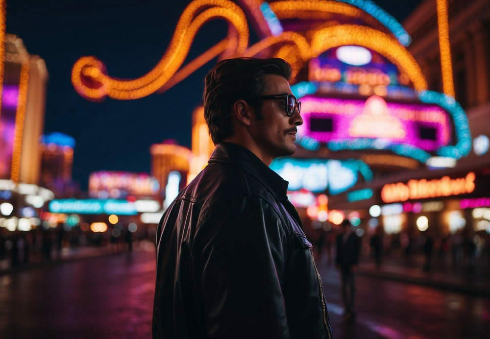 Vibrant neon lights illuminate the bustling streets of Las Vegas, leading to the top 10 nightclubs. Music pulses through the air as crowds of people move in and out of the lively venues