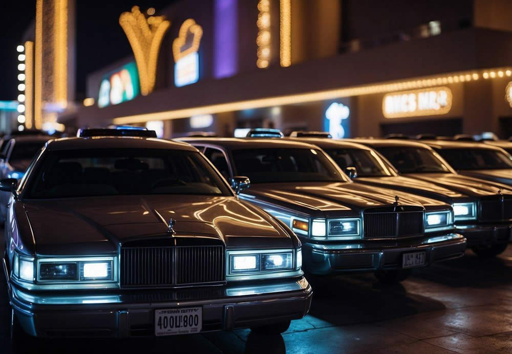 A line of sleek limousines and party buses wait outside the top 10 nightclubs in Las Vegas, with neon signs and bustling crowds in the background