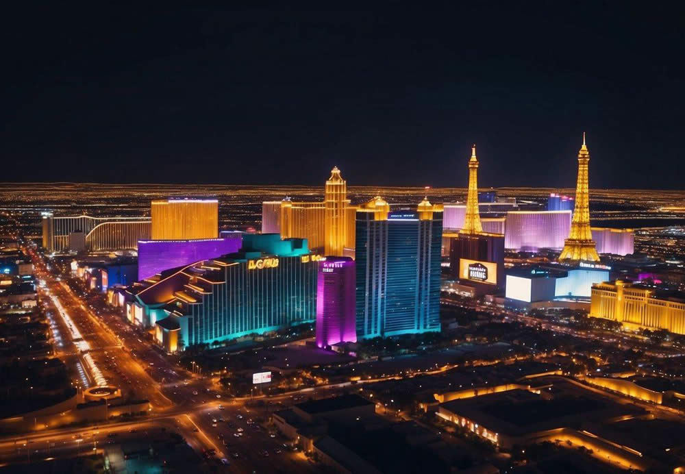 A vibrant cityscape of Las Vegas at night, with neon lights illuminating the top 10 nightclubs in the distance, creating a lively and energetic atmosphere