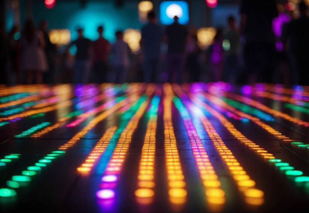 Colorful lights illuminate crowded dance floors, pulsing with energy. DJs spin beats as people mingle and dance. The air is filled with excitement and the sound of laughter