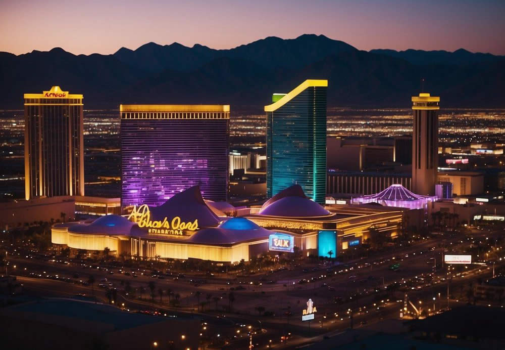 A vibrant Las Vegas skyline with neon lights illuminating the top 10 nightclubs. Music fills the air as people dance and enjoy entertainment