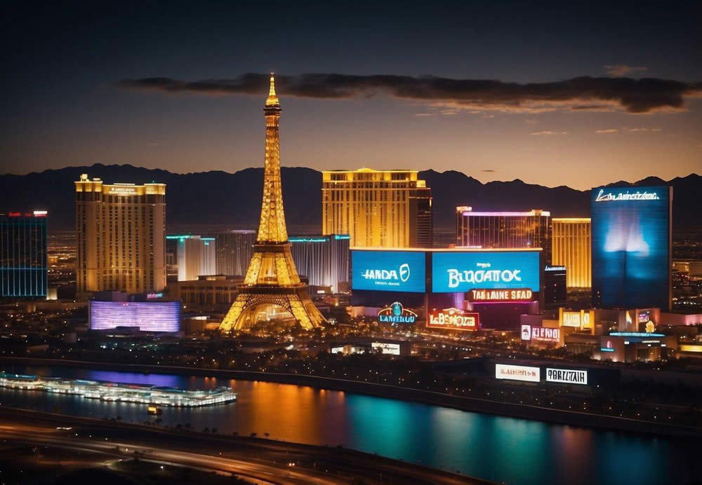 Las Vegas skyline at night with neon-lit buildings and bright city lights, showcasing the top 10 nightclubs in the city