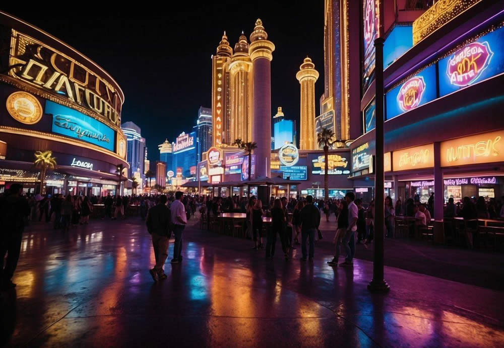 Colorful neon lights illuminate the bustling streets of Las Vegas. Crowds gather outside the top 10 nightclubs, enticed by event nights and special offers