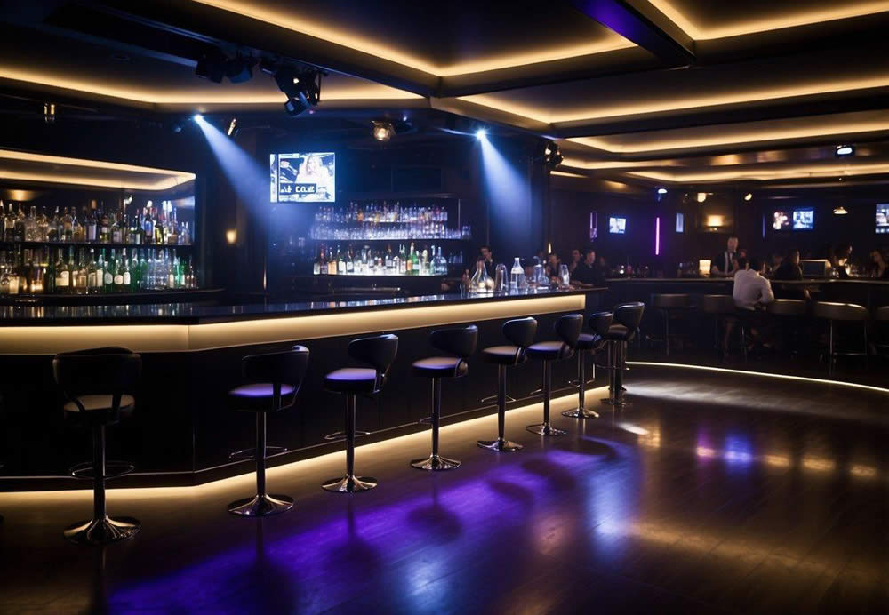 A bustling nightclub with flashing lights, a packed dance floor, and a DJ booth overlooking the crowd. VIP booths line the edges, and a sleek bar serves up cocktails to the glamorous clientele