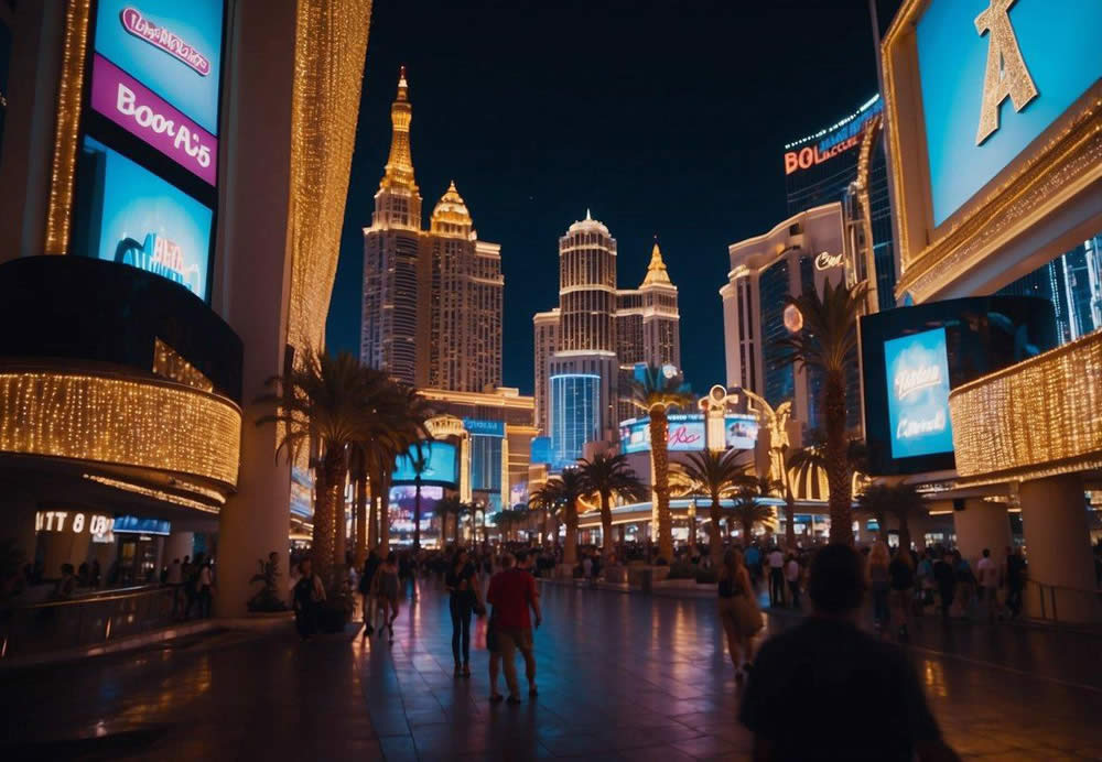 The Las Vegas Strip at night, with neon lights illuminating the top 10 nightclubs. A bustling atmosphere with crowds of people and music spilling out onto the street