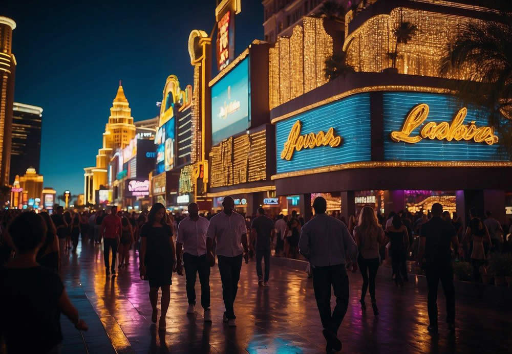 A bustling Las Vegas strip with neon-lit signs and crowded sidewalks, showcasing the top 10 nightclubs. Bright lights and lively atmosphere create an enticing club experience