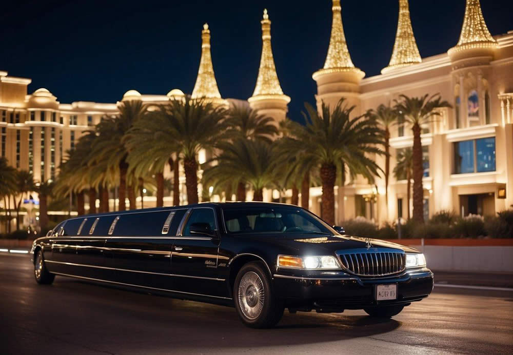 Luxurious limousines parked in front of opulent Las Vegas hotels, with chauffeurs standing by, ready to provide top-notch service to their high-end clientele