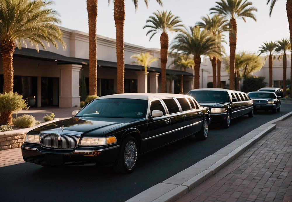 Two limousines parked outside a luxury hotel in Las Vegas, with satisfied customers stepping out and a booking agent assisting others